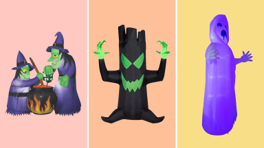 From left to right: Witches stirring a cauldron inflatables on a pink background, a spooky black tree inflatable on an orange background, and a purple ghost inflatable on a yellow background.