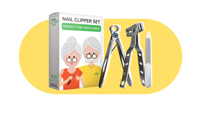 The The Healthy Seniors Nail Clipper Set box. There are tools next to the box: a fingernail clipper, a toenail clipper, and a flat nail file.