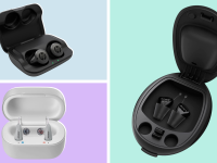 The HP Hearing Pro, Sony C10, and Lexie B2 hearing aids in a three-panel image on colorful backgrounds