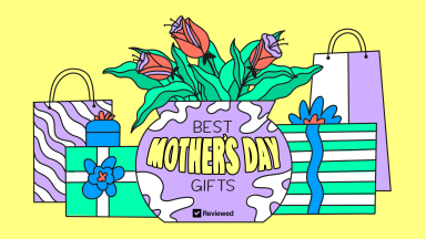 A cartoon graphic of several shopping and present boxes surrounding a vase of flowers.