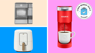 GE Profile Opal, Beautiful air fryer, and red Keurig on colorful background