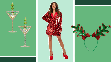 Sparkly martini earrings, a sequined red blazer party dress, and a reindeer headband