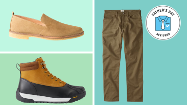 beige loafers, red and brown hiking boots, and olive green slacks on green background