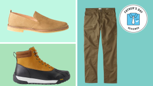 beige loafers, red and brown hiking boots, and olive green slacks on green background