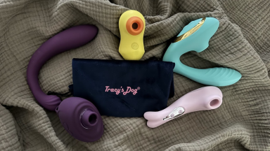 A collection of Tracy's Dog products laying down together.
