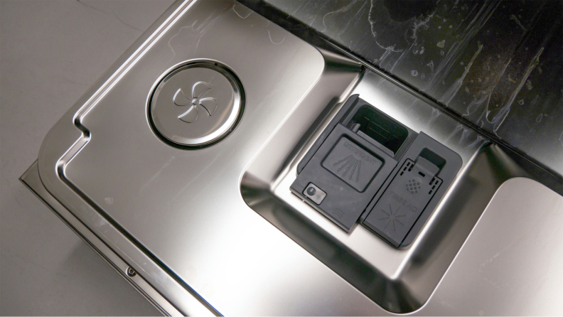 The interior of the Asko dishwasher’s door is stainless steel.