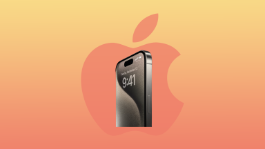 The Apple iPhone 15 Pro and iPhone 15 Pro Max on a yellow and orange background with the Apple logo.