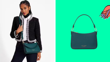 A woman holding a Kate Spade purse and another purse with a Mother's Day flower in the corner.