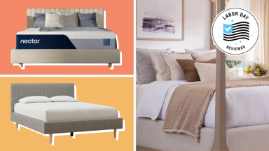 A collage of mattresses in front of various backgrounds.