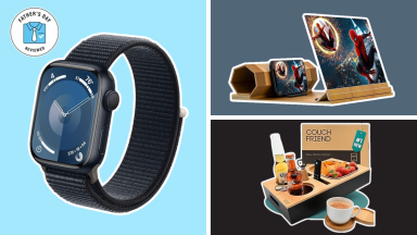 A black Apple Watch Series 9, a screen magnifier, and a couch caddy with food and drinks.
