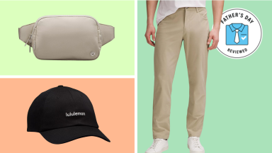 black baseball cap, beige belt bag, and man wearing khaki pants on lime green, green, and orange grid background