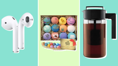 Apple ear buds, a box of bath bombs, and Takeya cold crew coffee maker on a blue and green background