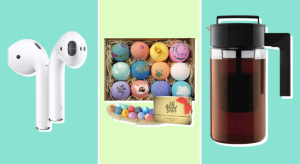 Apple ear buds, a box of bath bombs, and Takeya cold crew coffee maker on a blue and green background