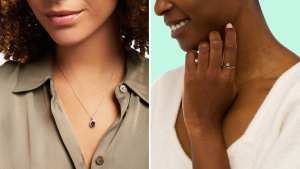 A collage with a necklace and a ring modeled by two women.