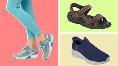 A three panel image with Orthofeet sneakers, Skechers slip-ins and Orthofeet sandals on a colorful background