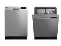 Two stainless steel refrigerators sit side by side, and the left one is slightly open