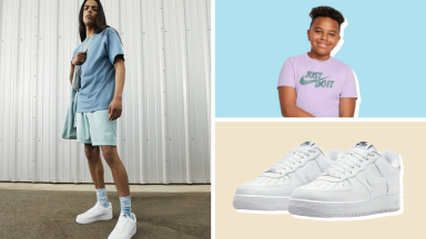 A colorful collage with Nike shoes and activewear.