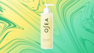 Photo of the Osea Undaria Algae Body Wash against a yellow and green background.