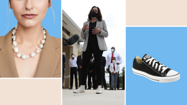 A model wearing a pearl necklace, a black low-top Converse sneaker, and a photograph of Vice President Kamala Harris in which she is wearing a pearl necklace and Converse sneakers.