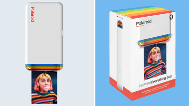 Photo collage of the  Polaroid Hi-Print Bluetooth printer with a small photo being printed.
