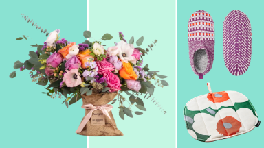 Bouquet of Farmgirl Flowers in burlap bag, pink Bombas Gripper Slippers and flower Marimekko Pieni Unikko Pot Holder