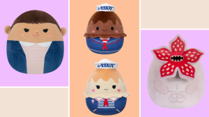 'stranger things' squishmallows collection on purple, orange, and beige background
