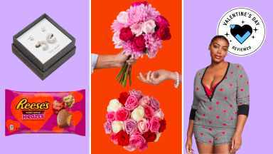 Various accessories and items with the Valentine's Day Reviewed badge in front of colored backgrounds.