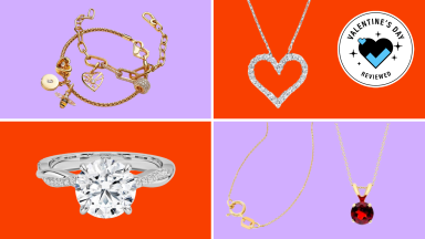 A colorful collage with necklaces, rings, and a Valentine's Day badge in the corner.
