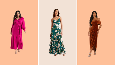 A collage of three women wearing wedding attires in front of a background.