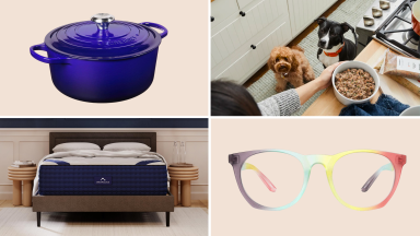 A collection of discounted items in front of colored backgrounds.