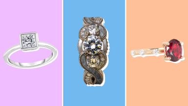 Collage of three engagement rings from three of the best online retailers.