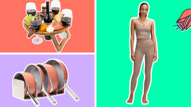 A woman wearing lululemon Align leggings, a Caraway cookware set, and a portable picnic table.