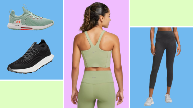 Two pairs of sneakers, a model wearing a green racer-back tank, and a model wearing gray tights.